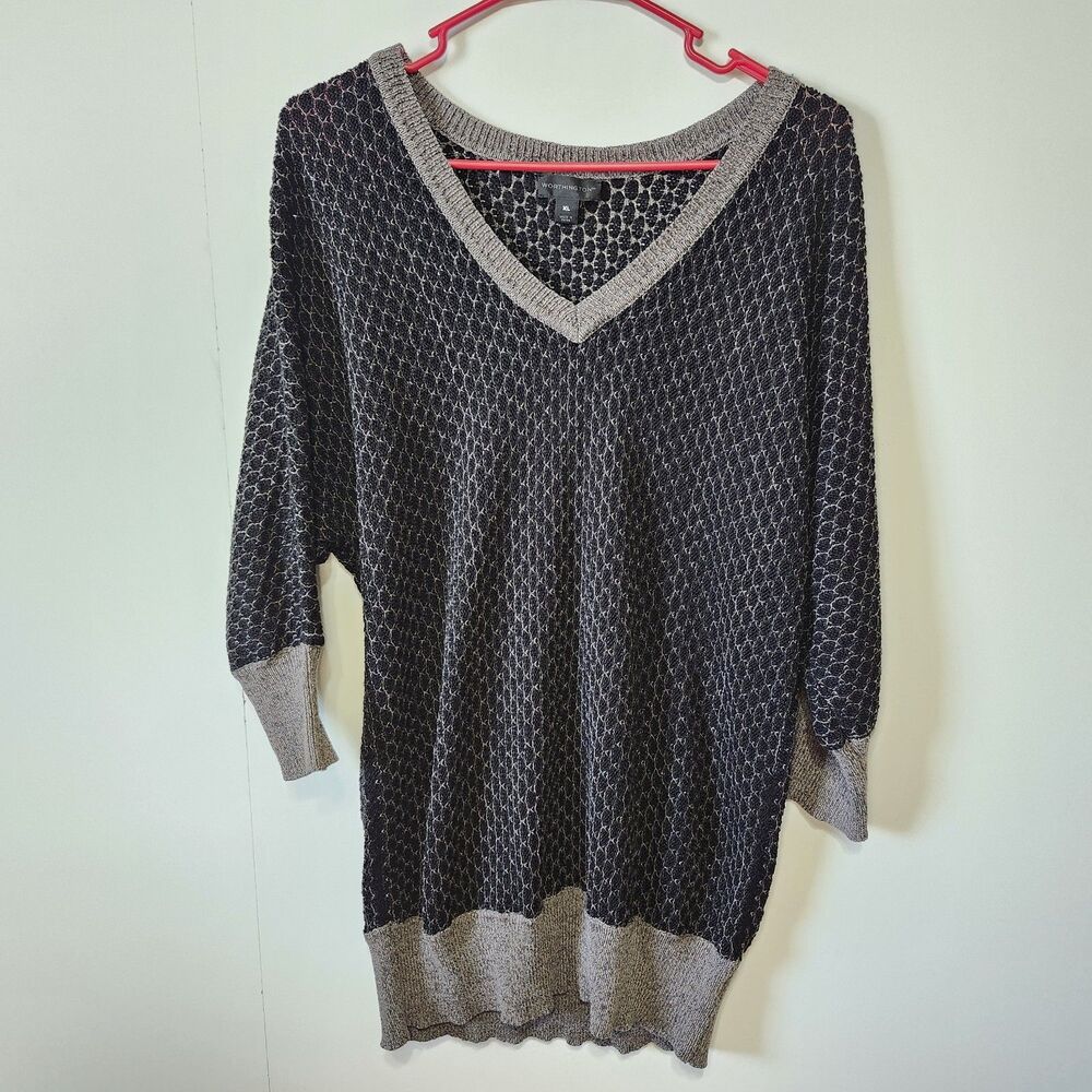 Worthington Metallic Knit Sweater XL Black Silver Geometric V Neck 3/4 Sleeve